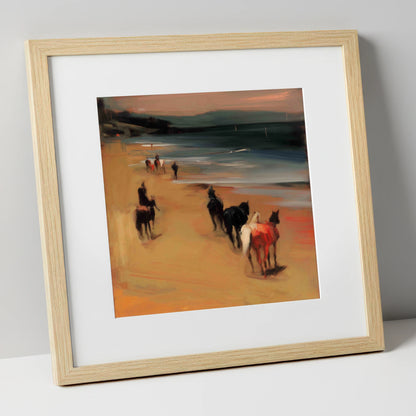 Twilight Coastal Hack horse landscape art print in natural frame