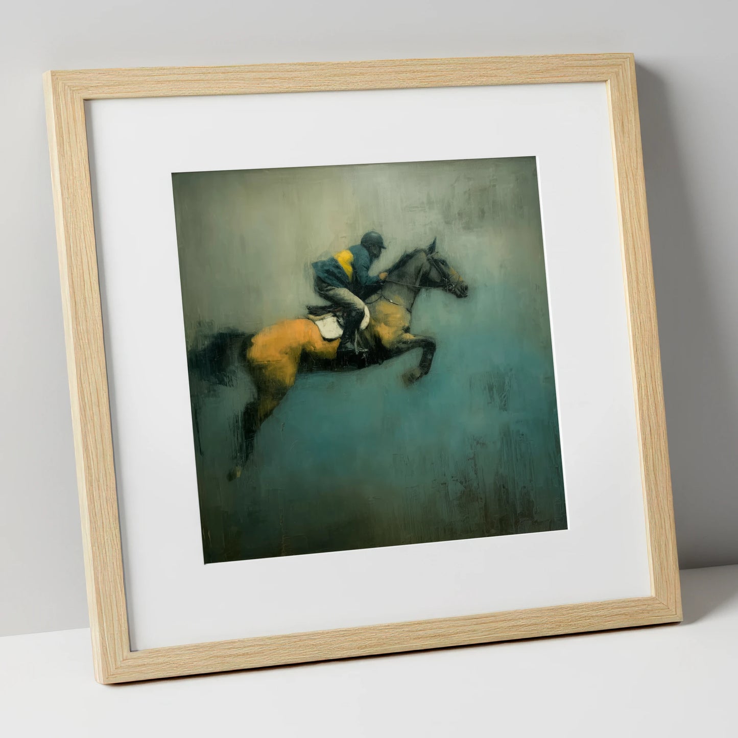 Suspended Momentum show jumping horse art print in natural frame