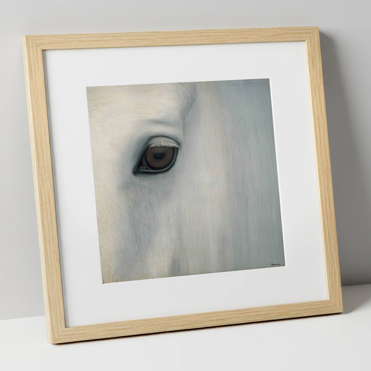 Quiet Gaze of the Grey horse portrait art print in natural frame