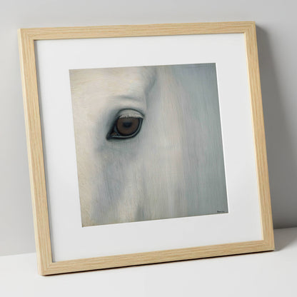 Quiet Gaze of the Grey horse portrait art print in natural frame