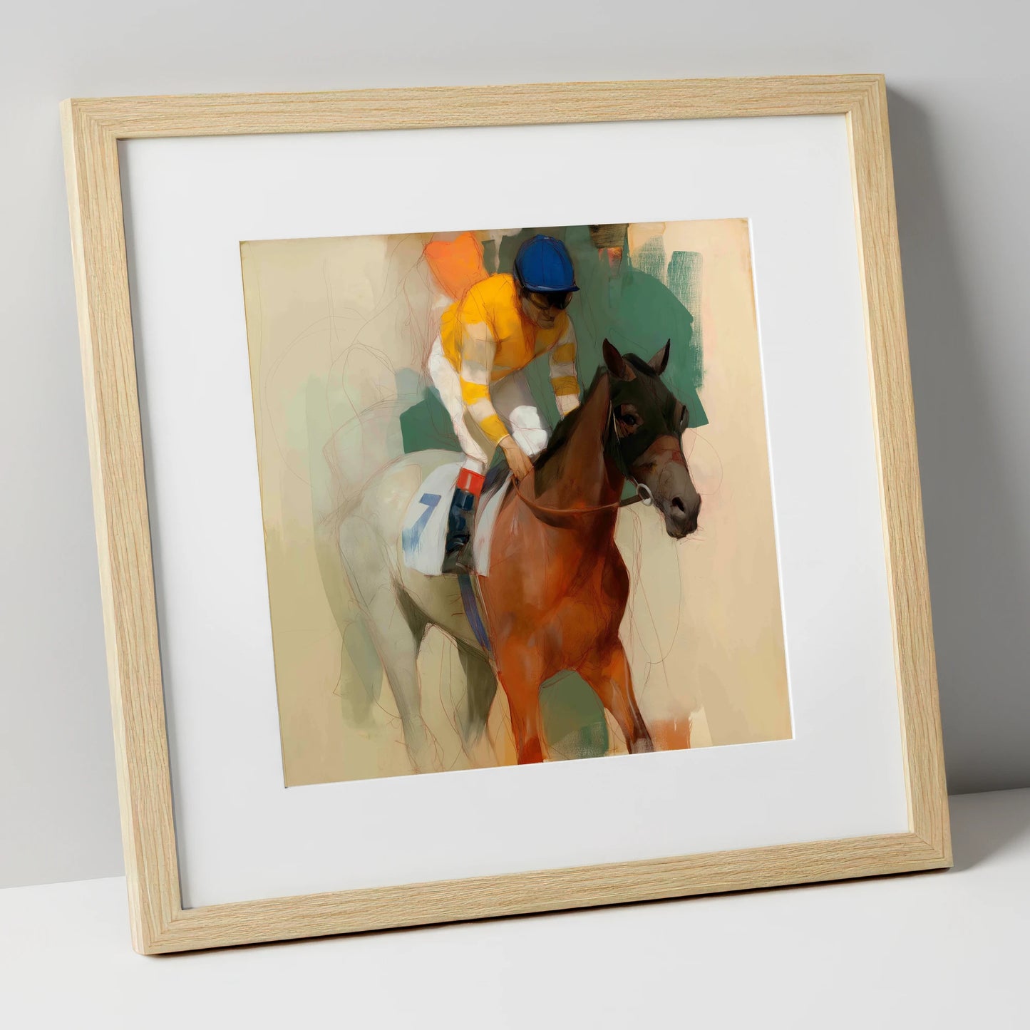 Silks at the Start racing horse art print in natural frame