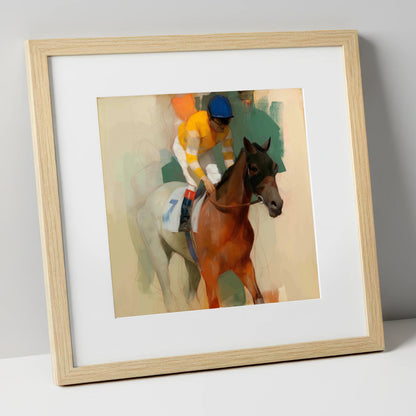 Silks at the Start racing horse art print in natural frame