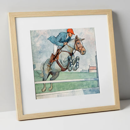 Clearing the White Rail show jumping horse art print in natural frame