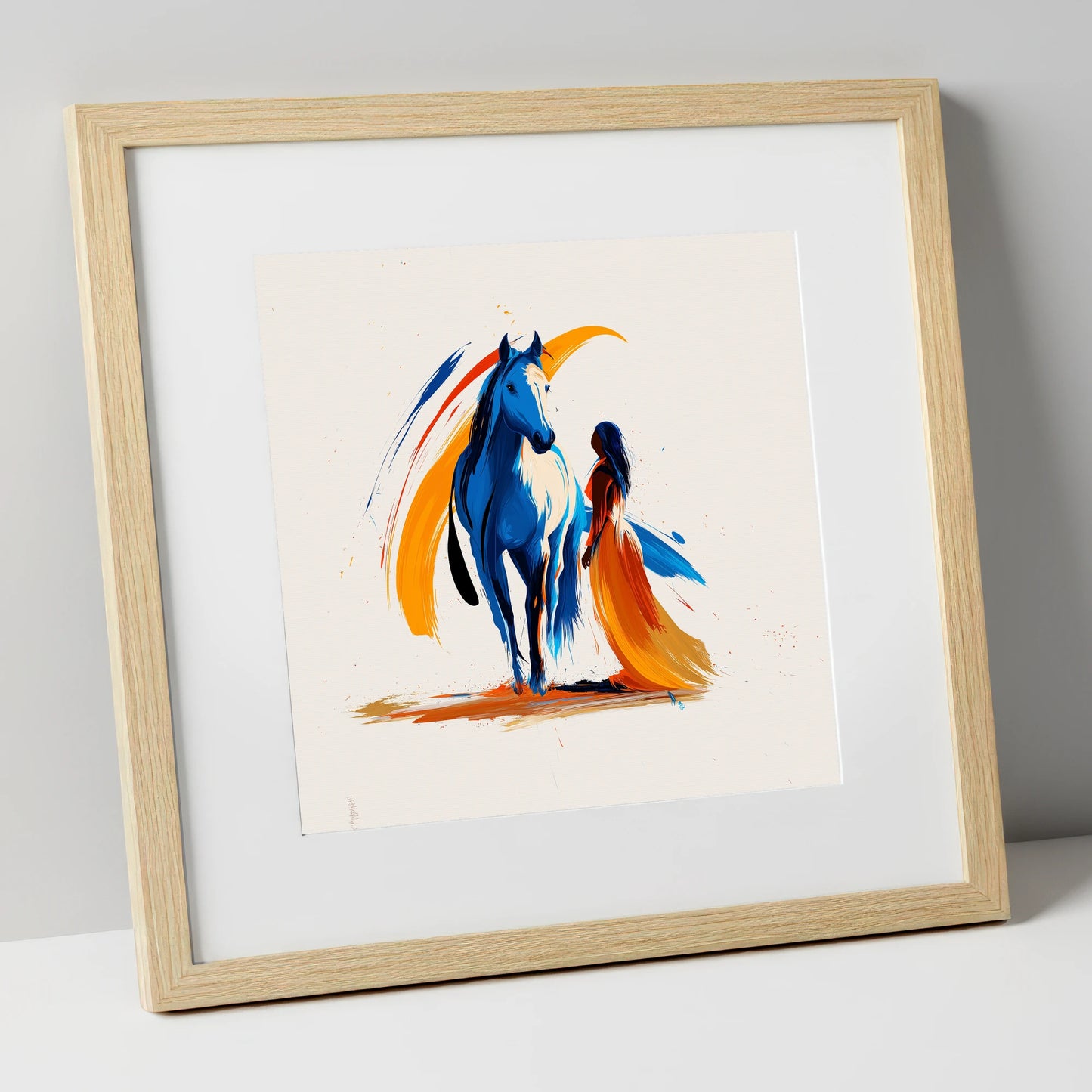 Azure and Amber Bond horse & rider art print in natural frame