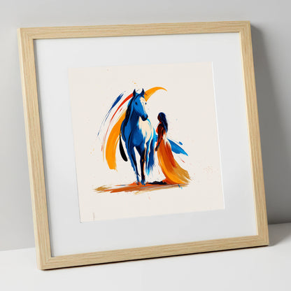 Azure and Amber Bond horse & rider art print in natural frame