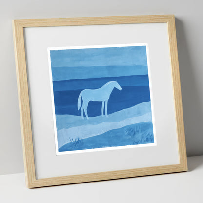 Cerulean Serenity horse landscape art print in natural frame