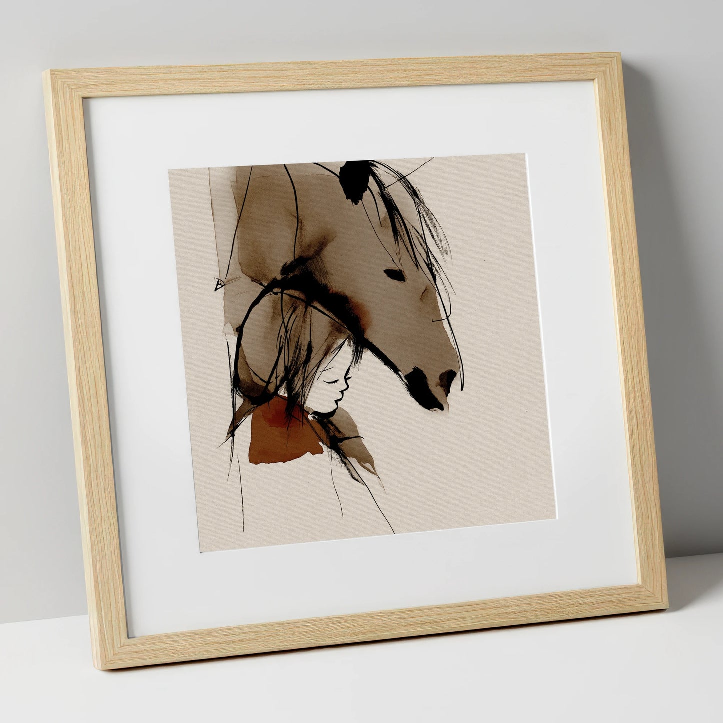 The Quiet Bond horse & rider art print in natural frame