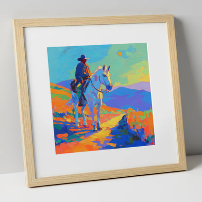 Painted Western Sun western horse art print in natural frame