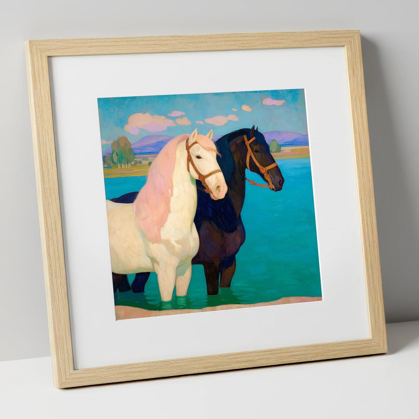 Cooling in the Shallows horse landscape art print in natural frame