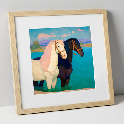 Cooling in the Shallows horse landscape art print in natural frame