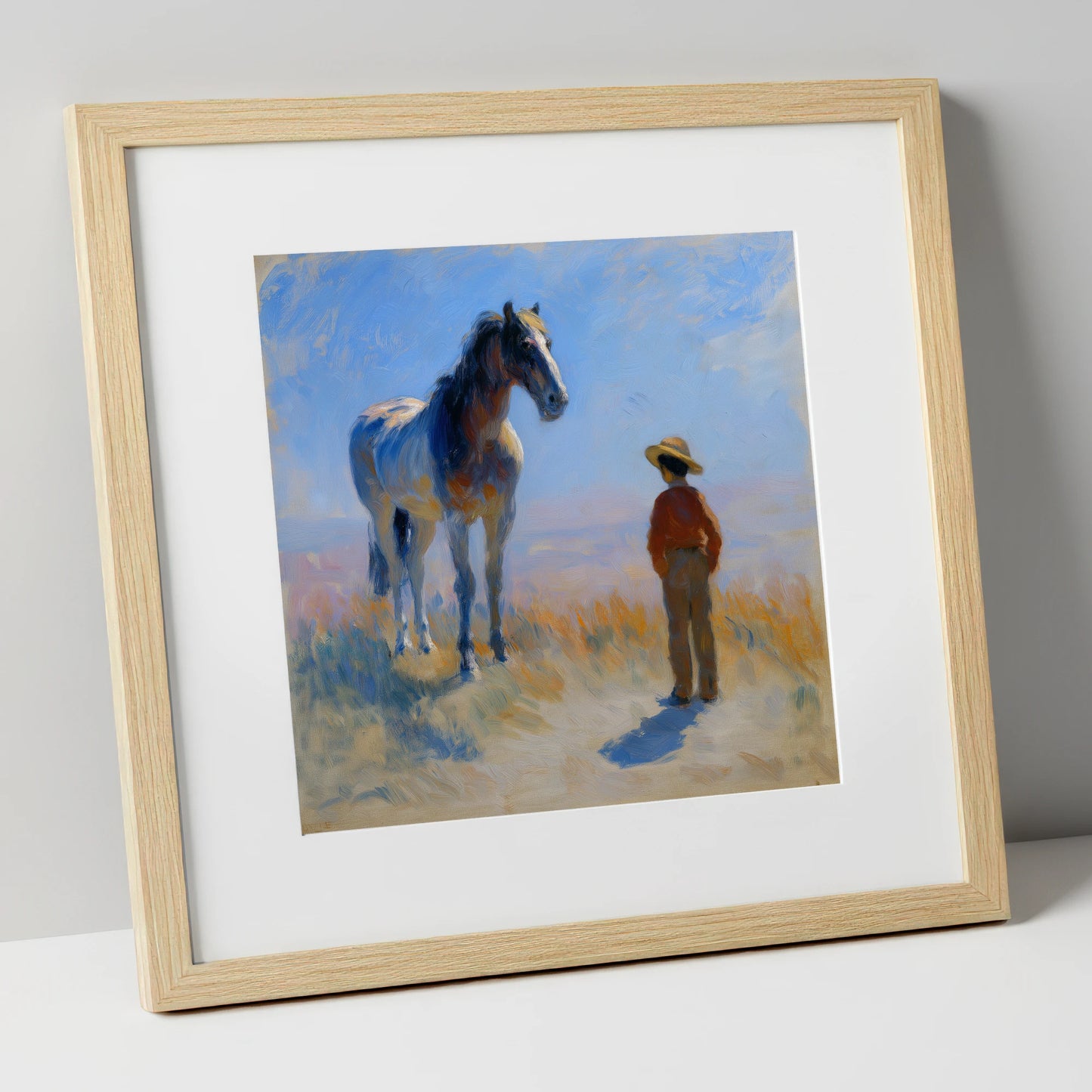 A Quiet Understanding horse & rider art print in natural frame