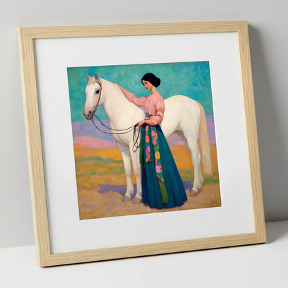 Vibrant Connection horse & rider art print in natural frame