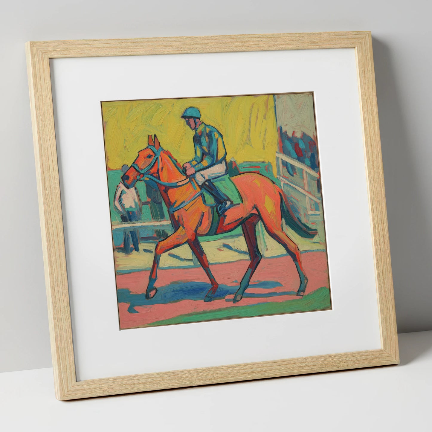 The Bold Contender racing horse art print in natural frame