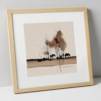 Grazing in Sepia Shadows horse landscape art print in natural frame