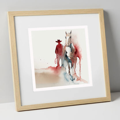 Crimson Trail Companion western horse art print in natural frame