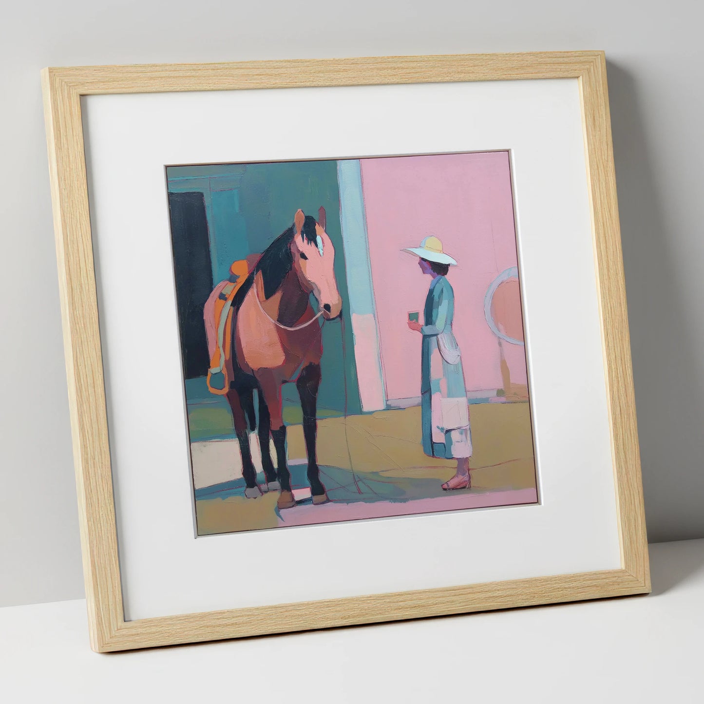 A Moment of Stillness horse & rider art print in natural frame