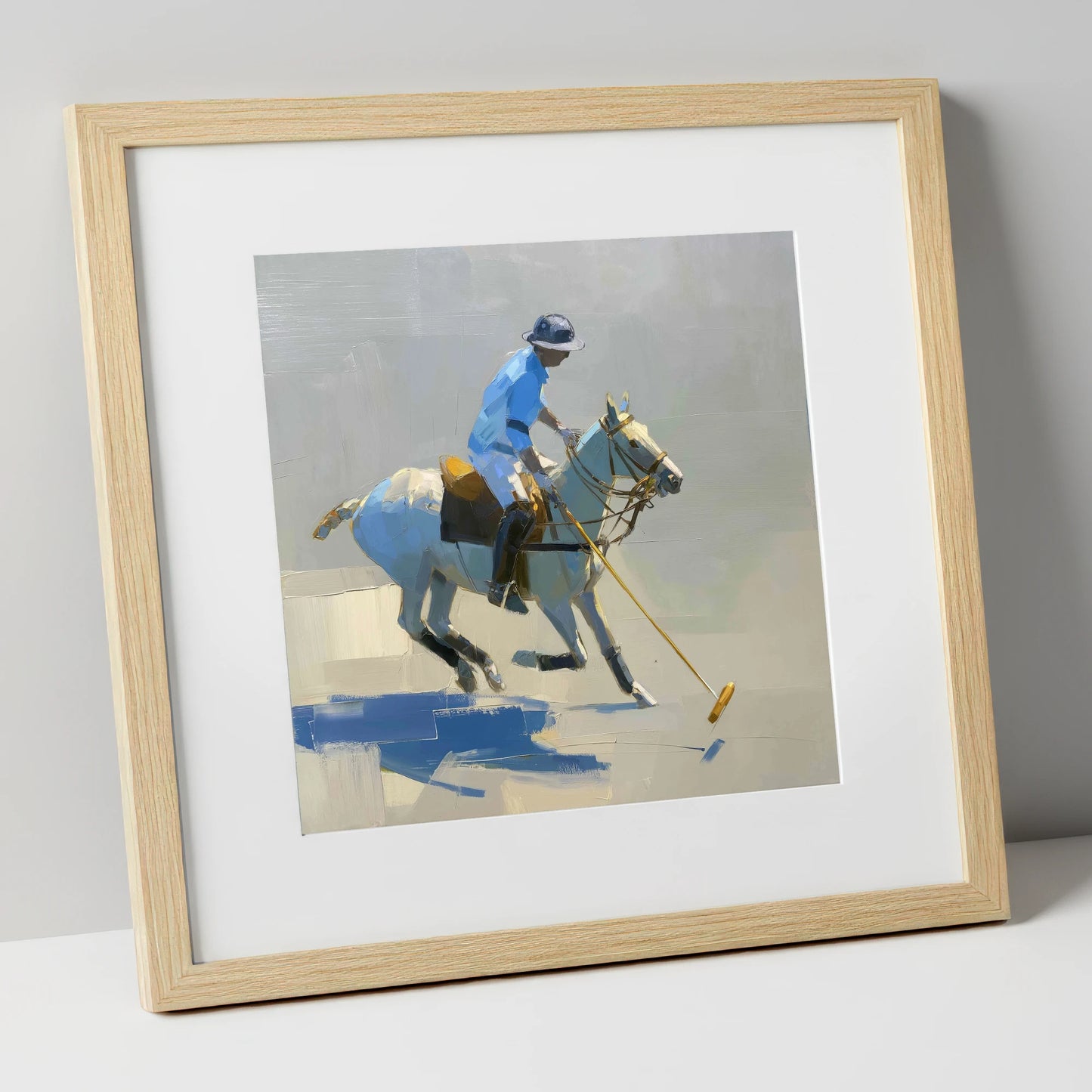The Blue Chukka polo horse art print in natural frame