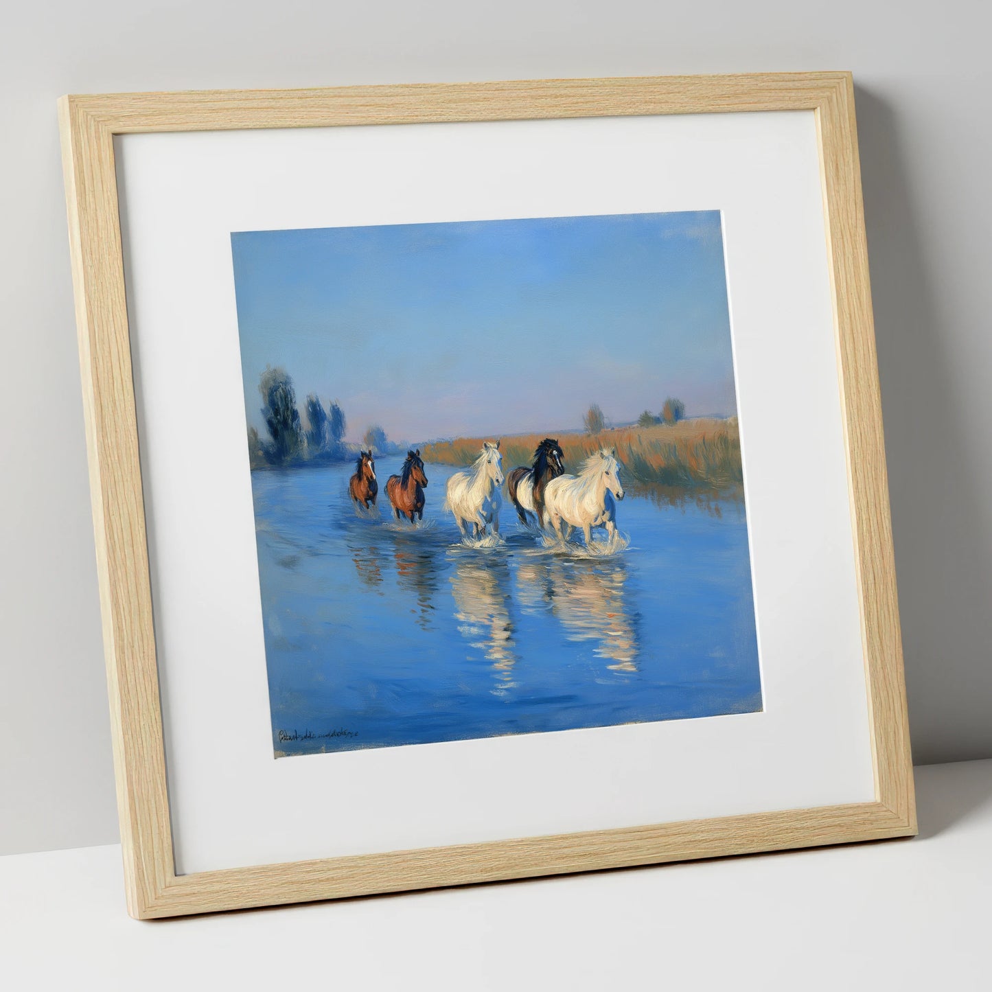Through the Cerulean Shallows wild horses art print in natural frame