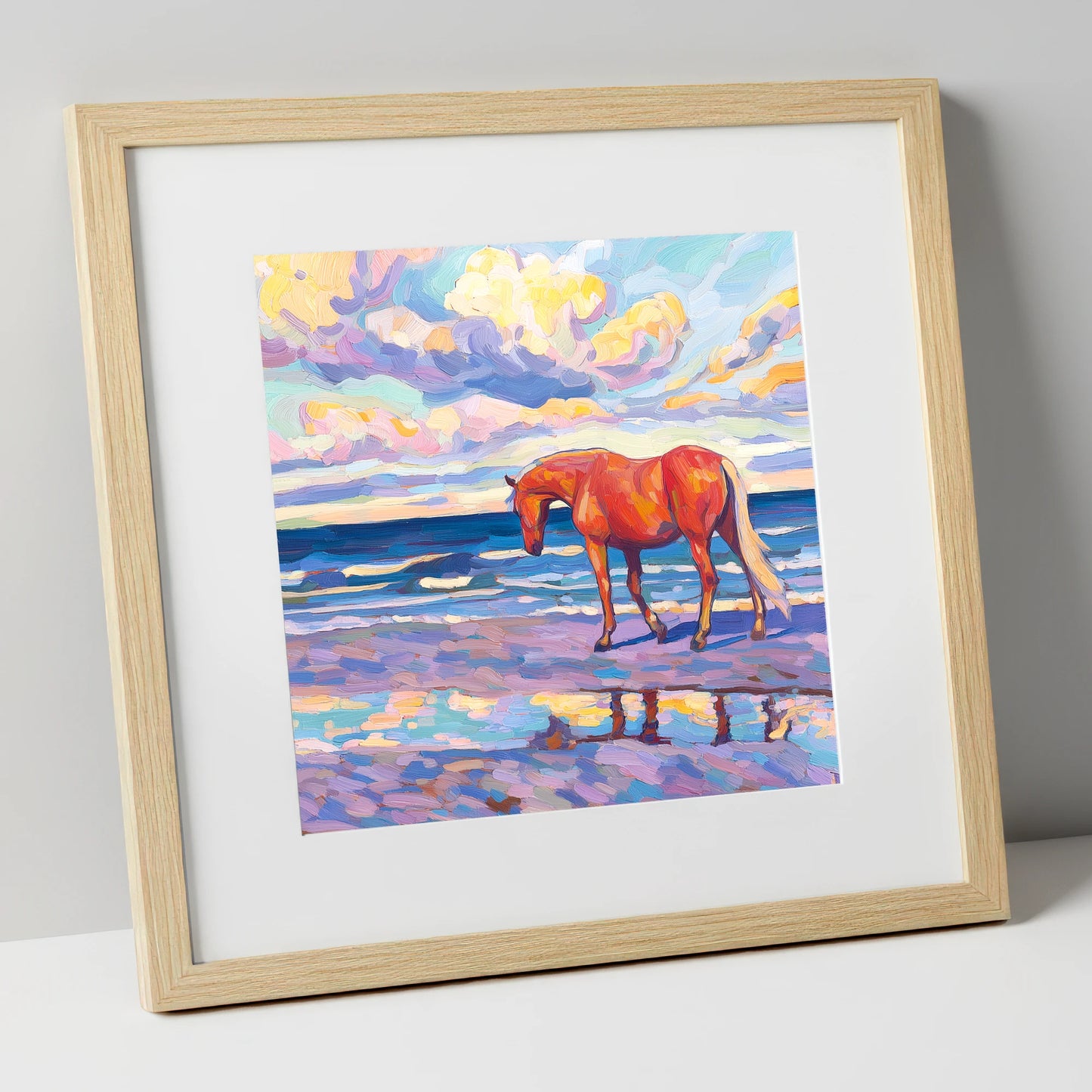 Vivid Coastal Solitude horse landscape art print in natural frame