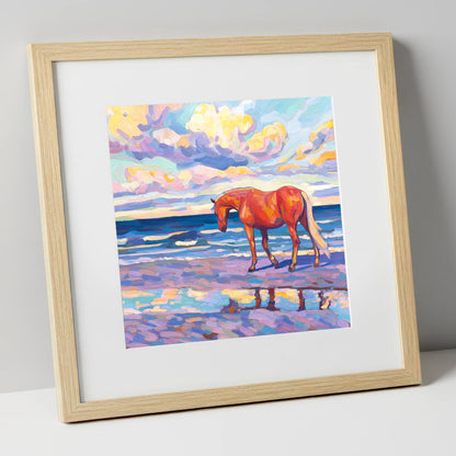 Vivid Coastal Solitude horse landscape art print in natural frame