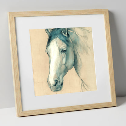 Azure Equine Study horse portrait art print in natural frame