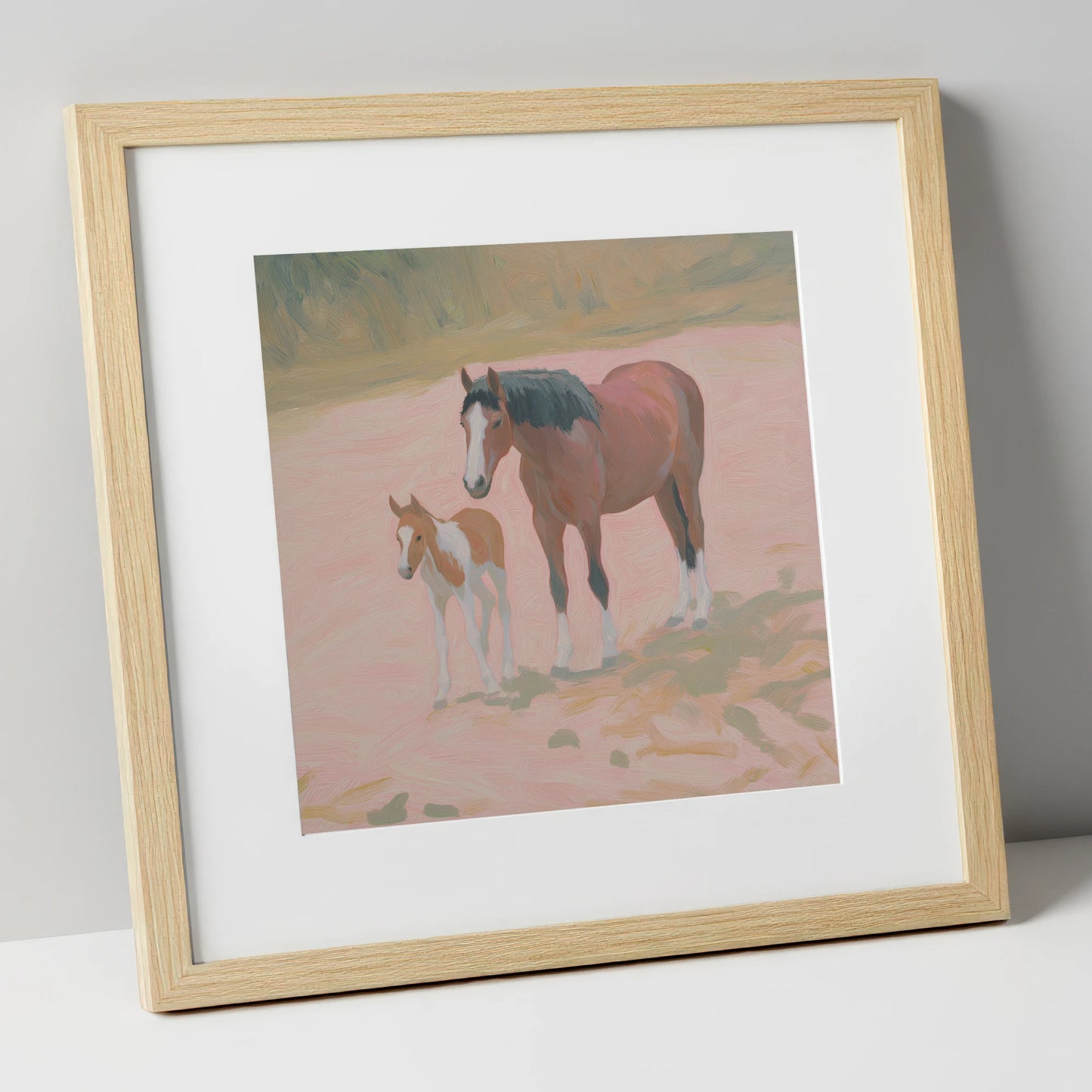 The Gentle Bond mare & foal art print in natural frame