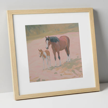 The Gentle Bond mare & foal art print in natural frame