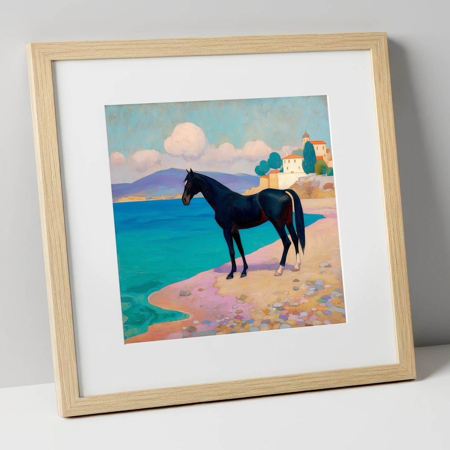 Midnight on the Riviera horse landscape art print in natural frame