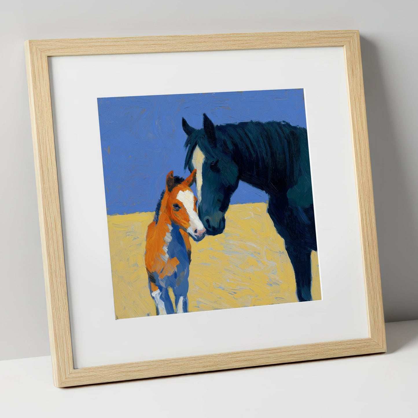 Sun-Drenched Bond mare & foal art print in natural frame