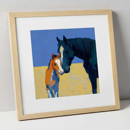 Sun-Drenched Bond mare & foal art print in natural frame