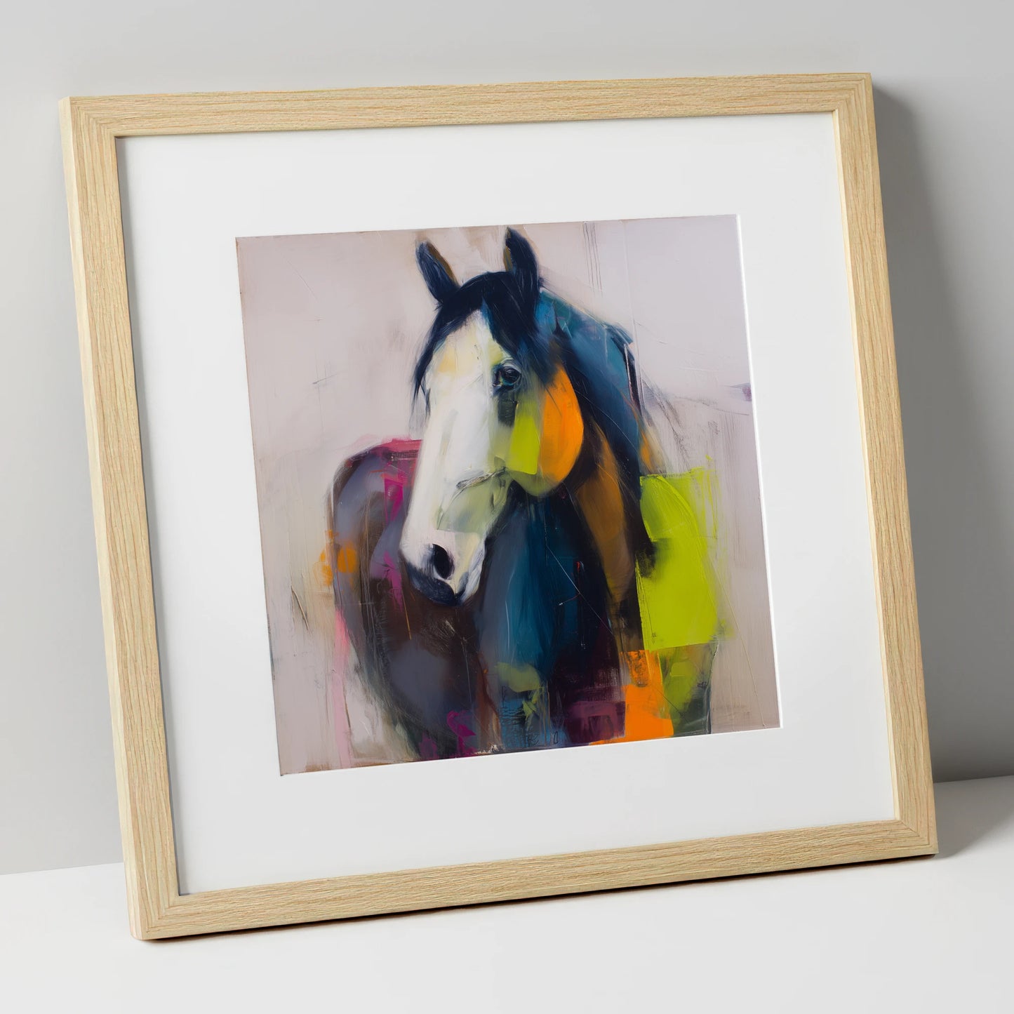 Vivid Equine Expression horse portrait art print in natural frame