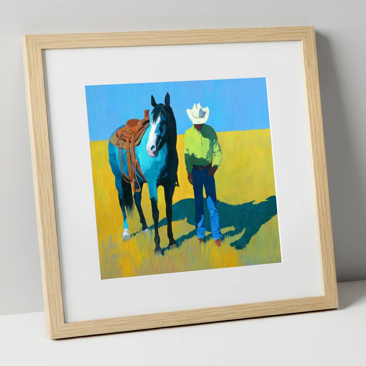 Vibrant High Plains Companion western horse art print in natural frame