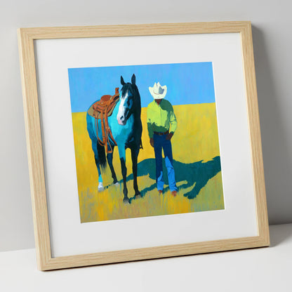Vibrant High Plains Companion western horse art print in natural frame