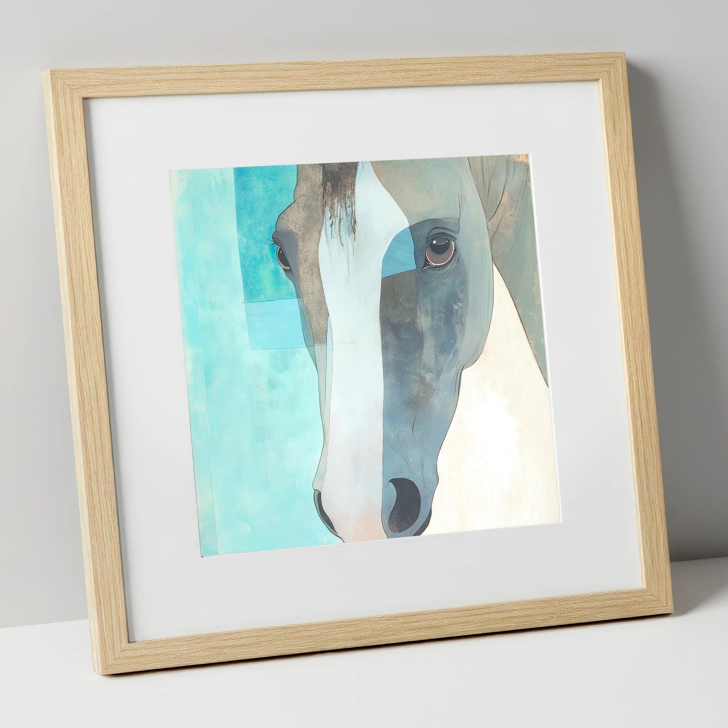 Modern Grey Gaze horse portrait art print in natural frame