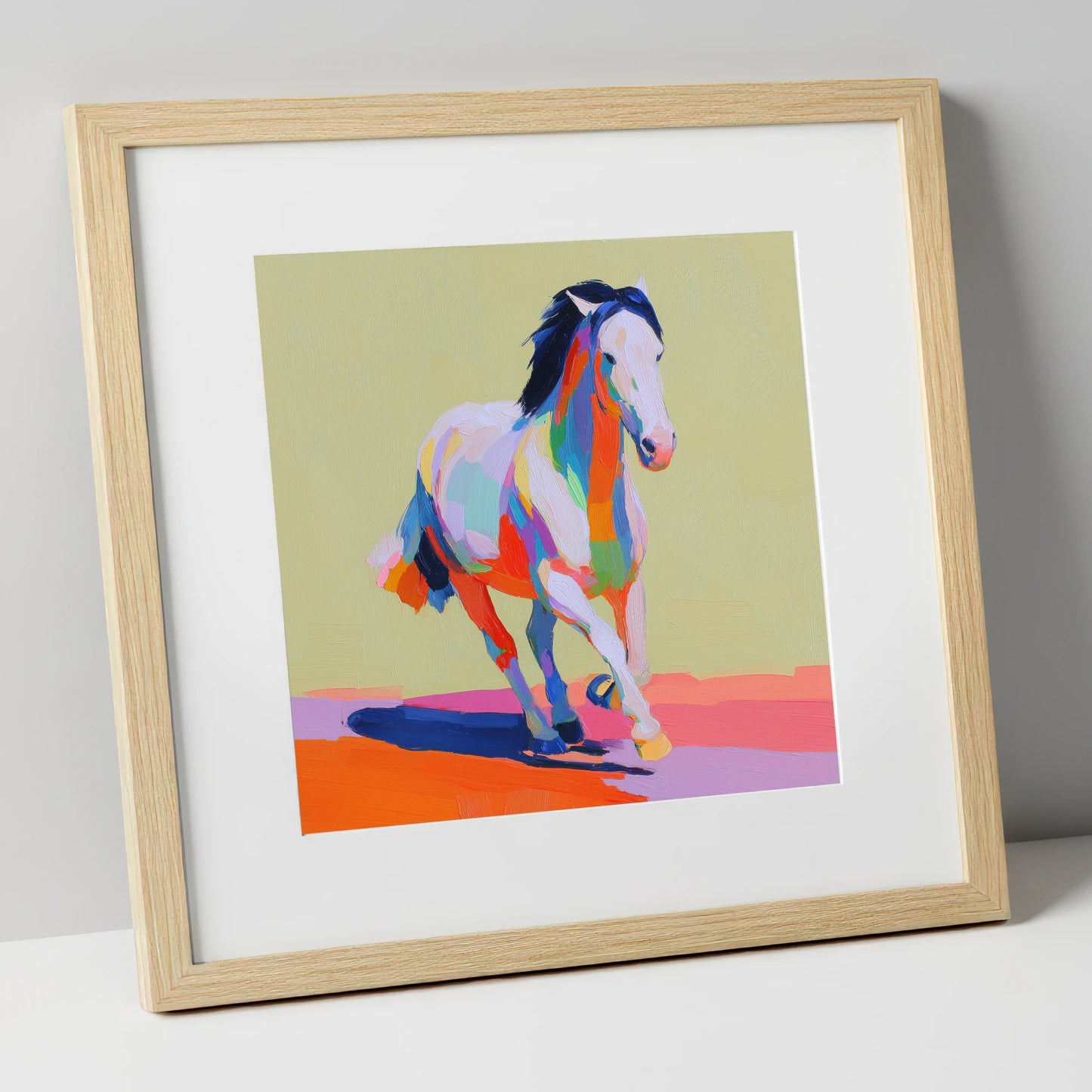Technicolour Canter horse breed art print in natural frame