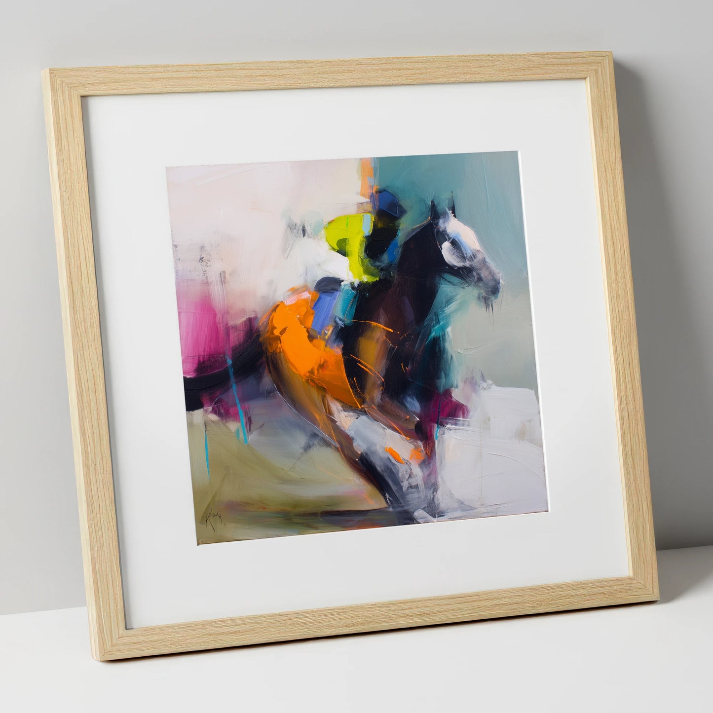 Technicolour Gallop racing horse art print in natural frame