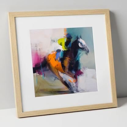 Technicolour Gallop racing horse art print in natural frame