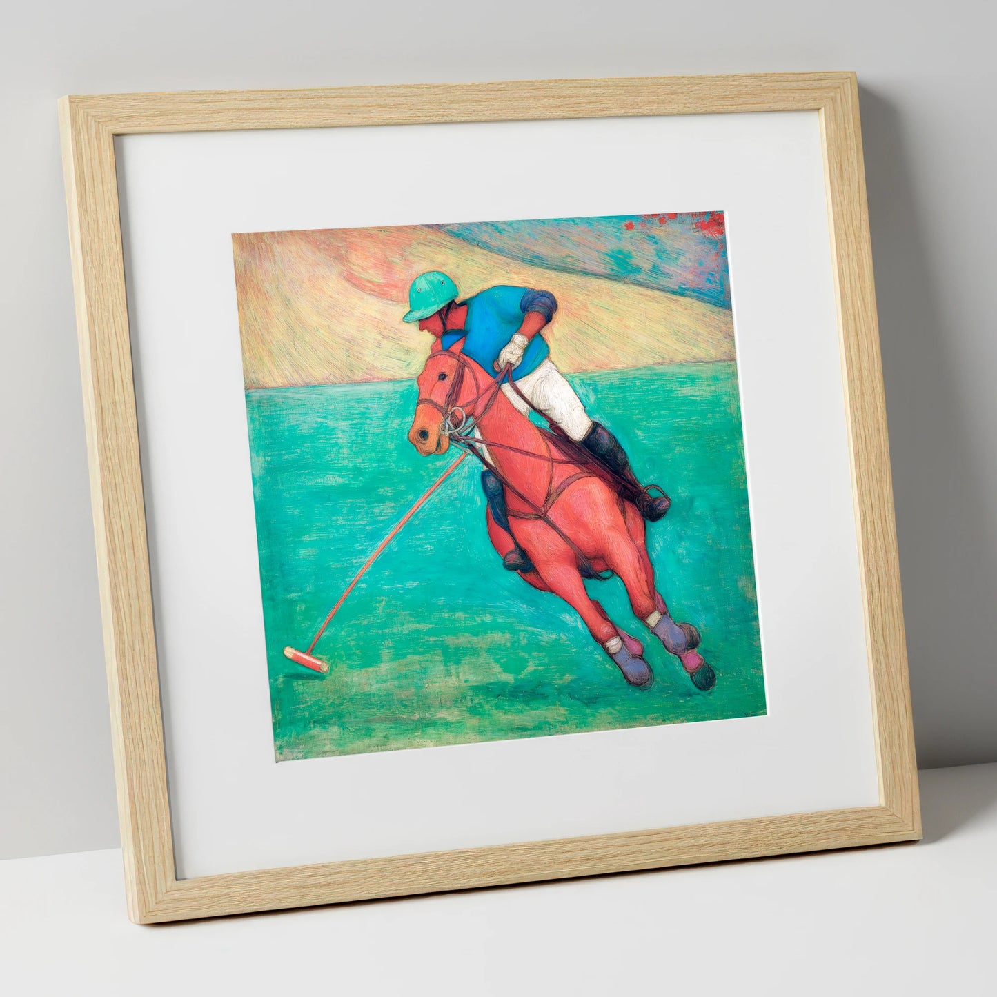 The Crimson Chukka polo horse art print in natural frame
