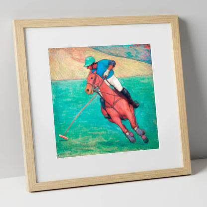 The Crimson Chukka polo horse art print in natural frame