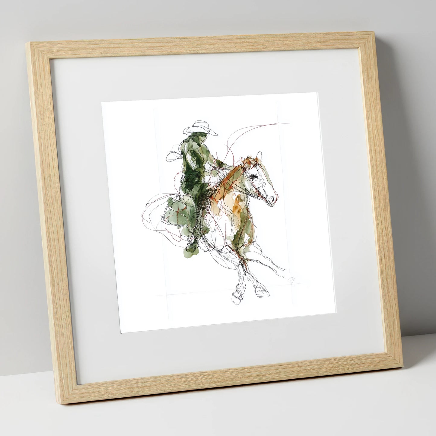 Expressive Western Rider western horse art print in natural frame