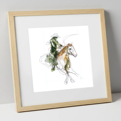 Expressive Western Rider western horse art print in natural frame