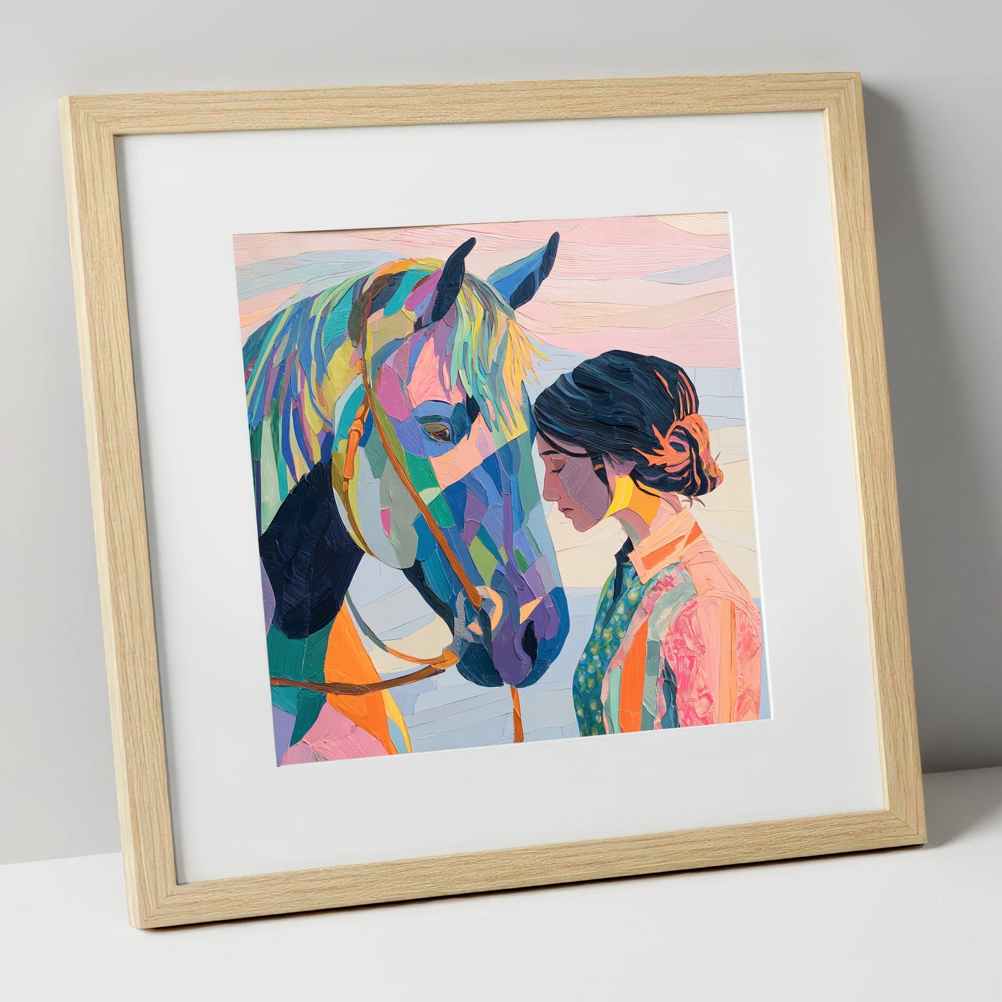 Vibrant Harmony horse & rider art print in natural frame