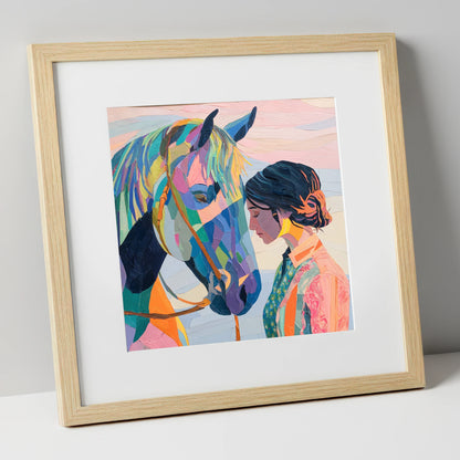Vibrant Harmony horse & rider art print in natural frame