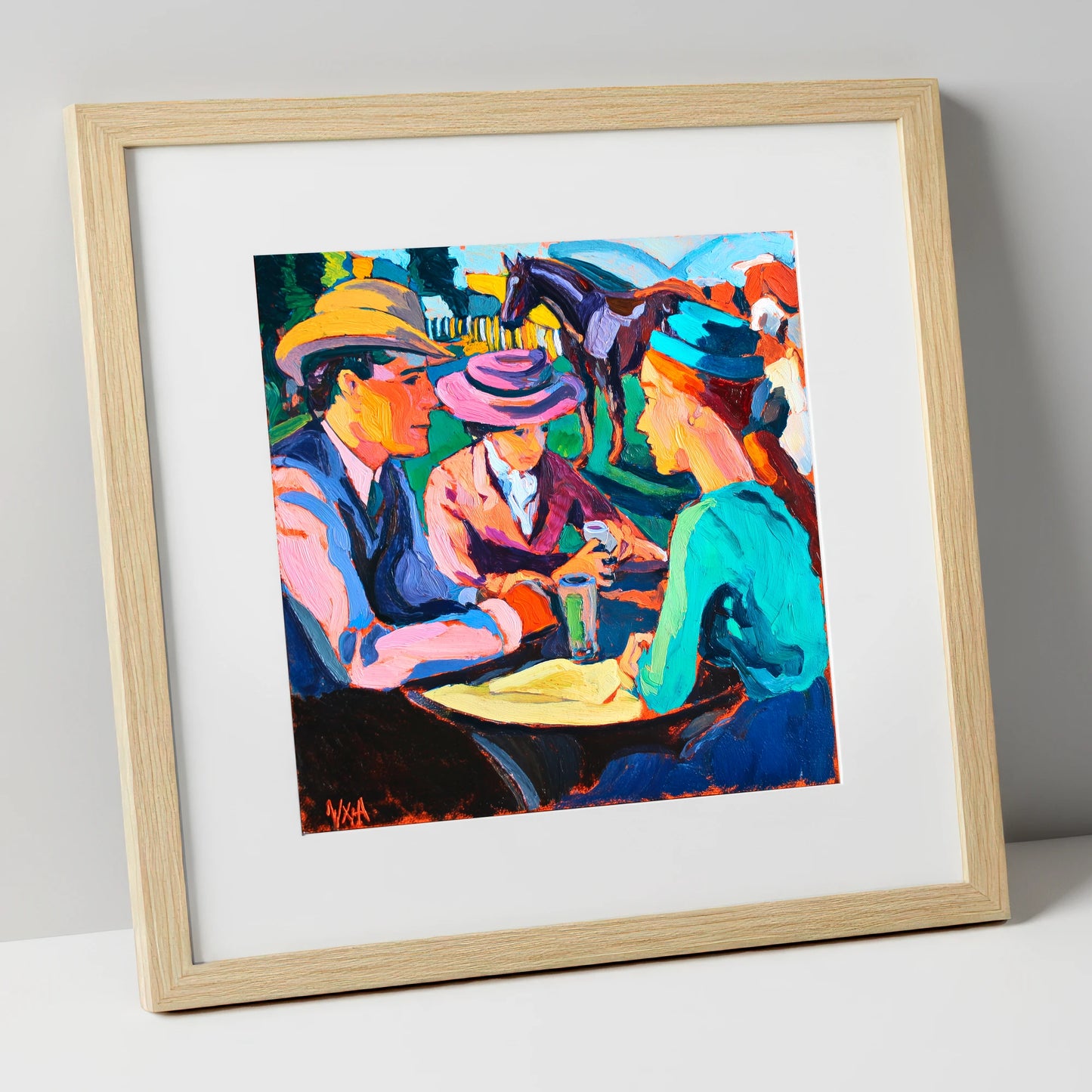 Paddock Society racing horse art print in natural frame