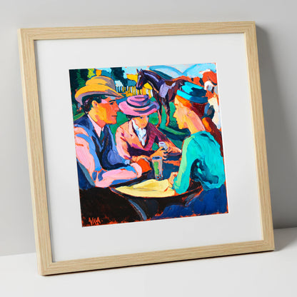 Paddock Society racing horse art print in natural frame
