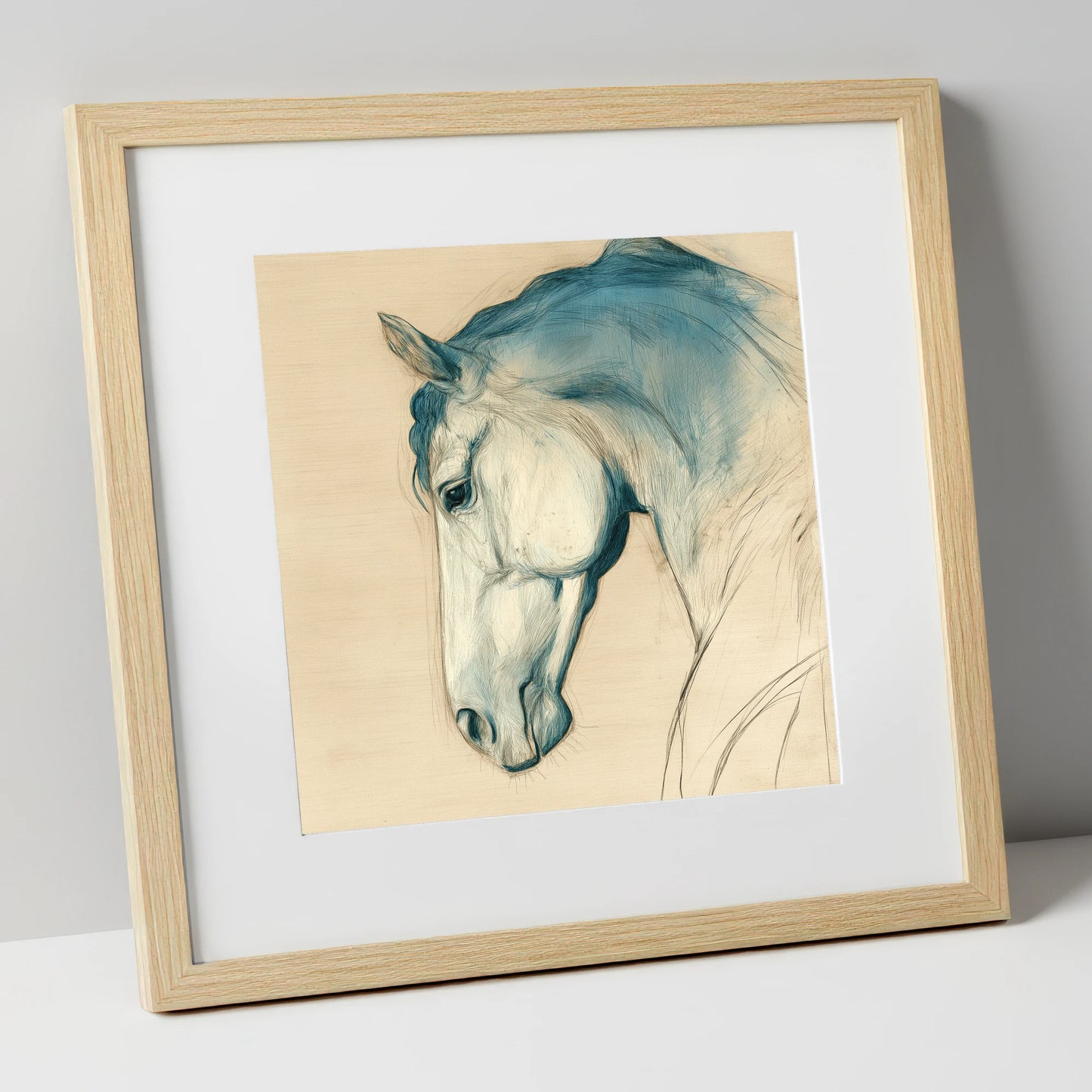 Teal Wash Equine Profile horse portrait art print in natural frame