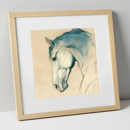 Teal Wash Equine Profile horse portrait art print in natural frame
