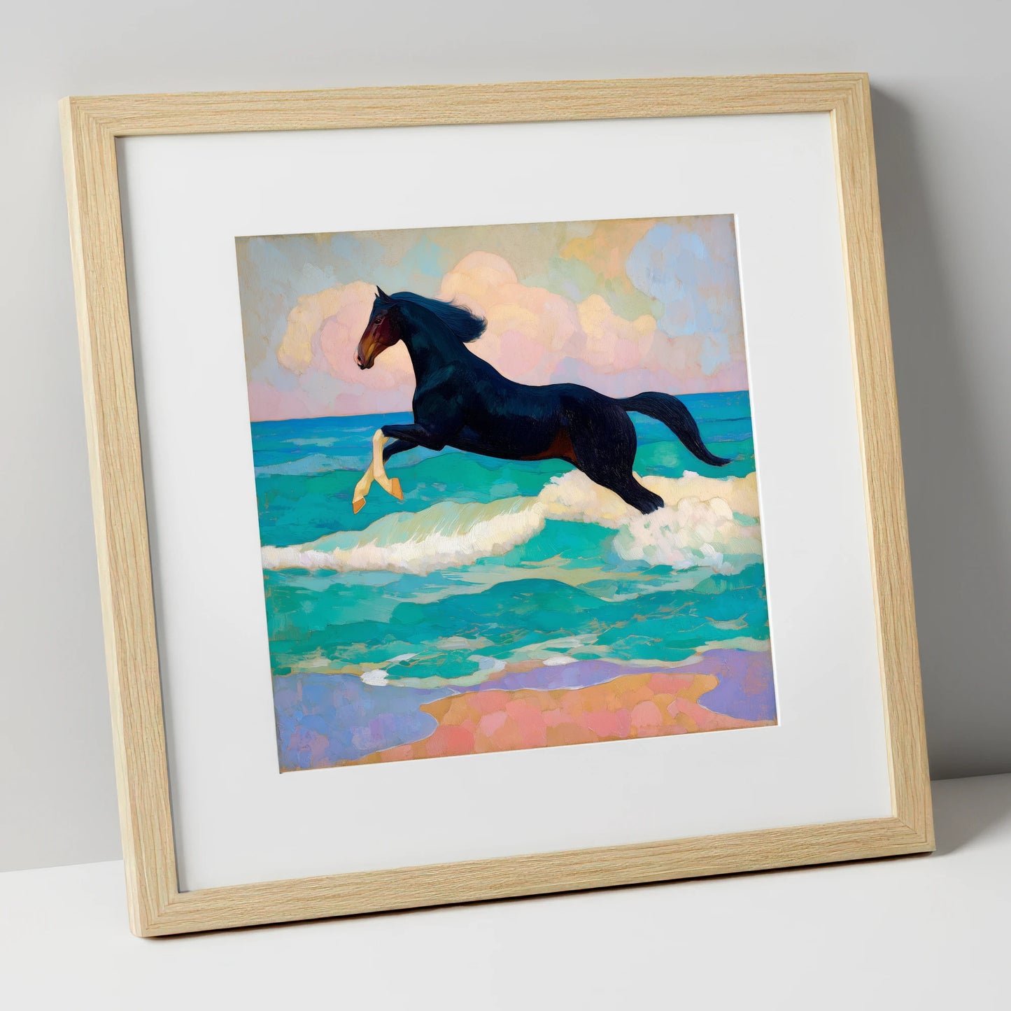 Cresting the Tide beach horse art print in natural frame