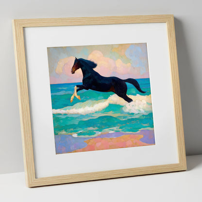 Cresting the Tide beach horse art print in natural frame