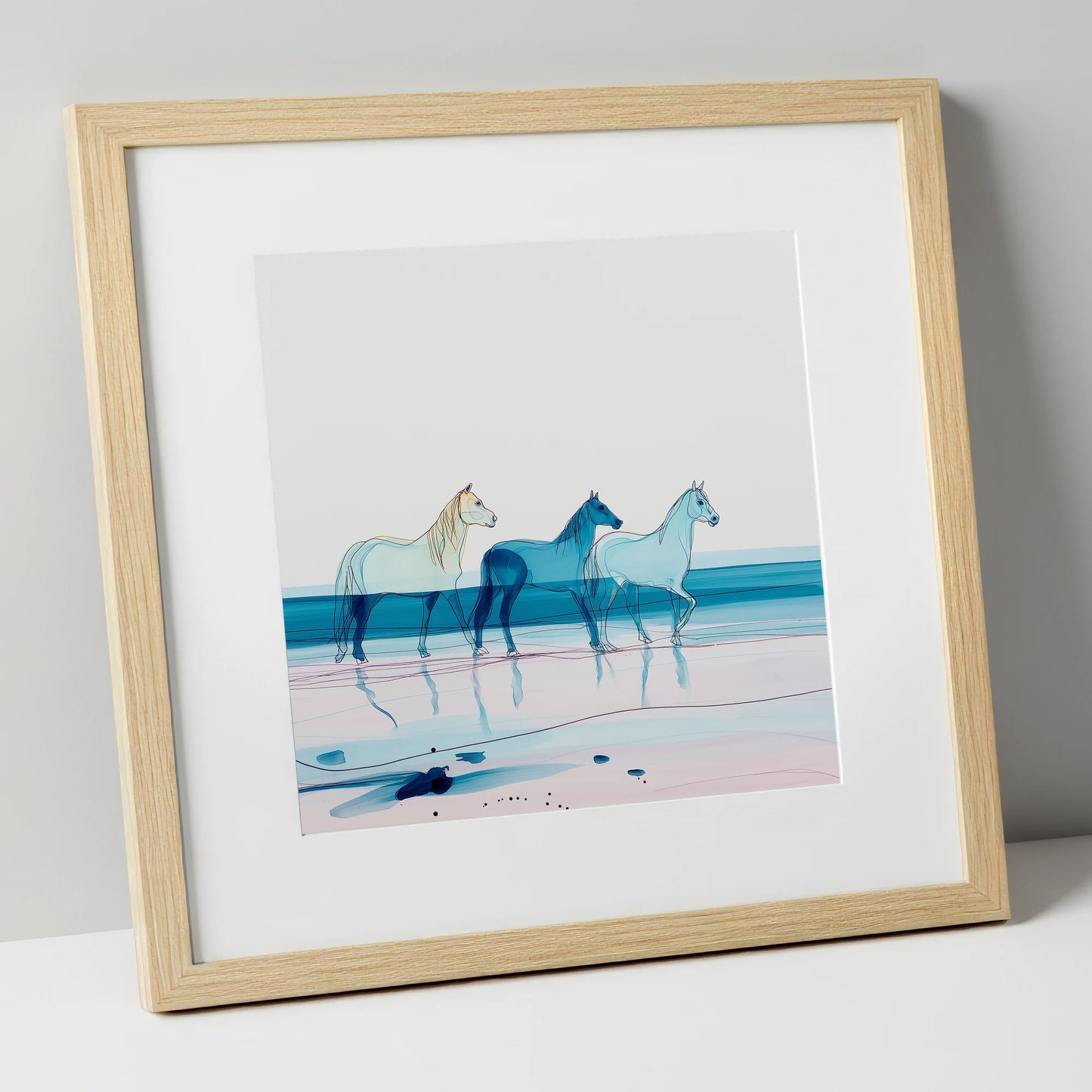 Azure Tide Walkers horse landscape art print in natural frame